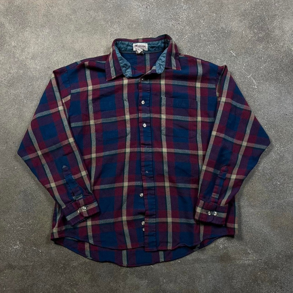 Vintage Windridge Mervyns Plaid Flannel Shirt Mens XL Burgundy Blue Western